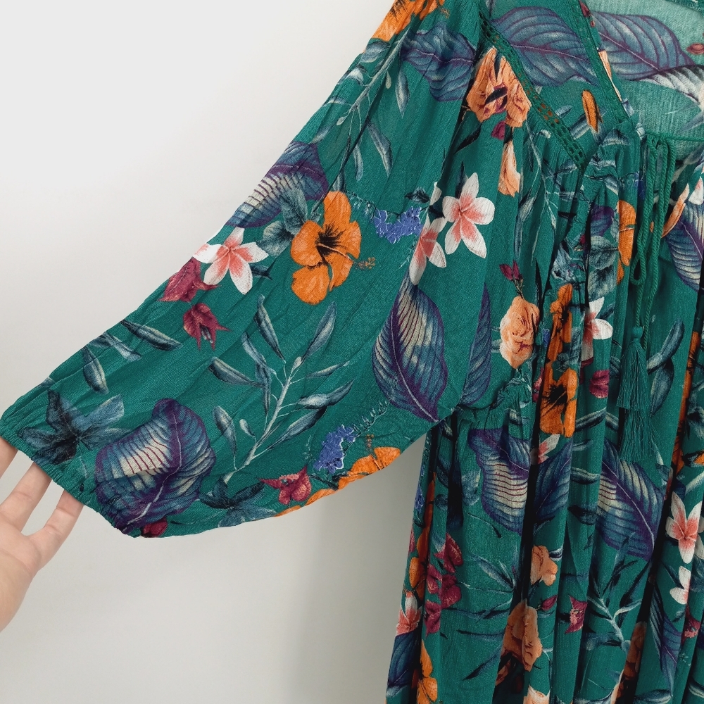 ODDY NWT Boho Tassel Tie Detail Floral Balloon Sleeve Peasant Style Tunic Top 1X - Picture 11 of 15